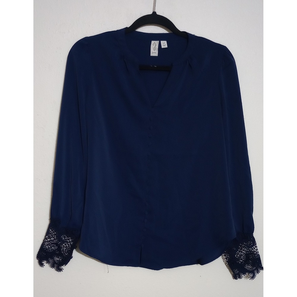 Joie Navy Blue Lace Cuff V-Neck Button Front Blouse Top Small